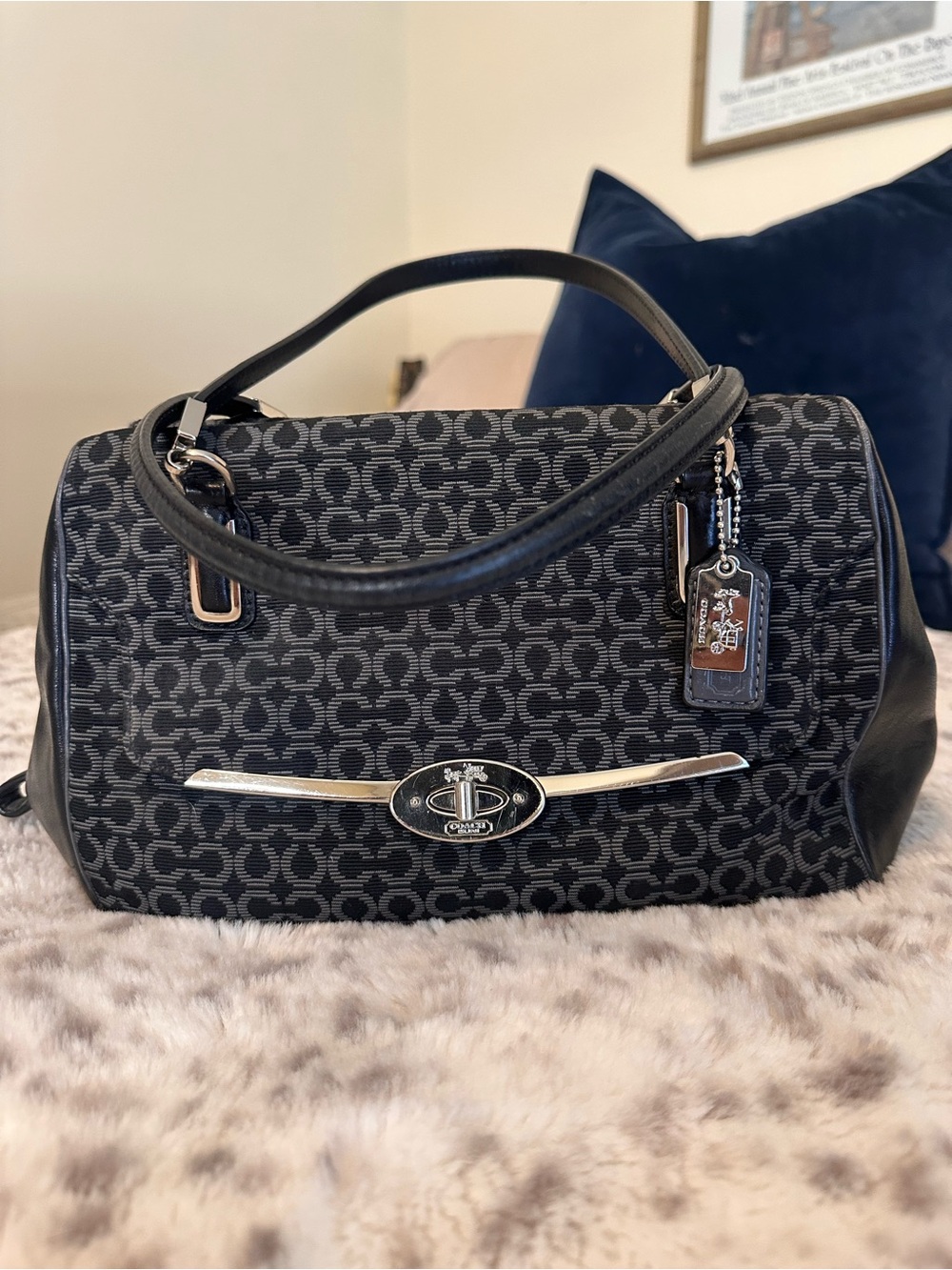 Coach Madison East West Black Signature Top-Handle Satchel with Silver Hardware
